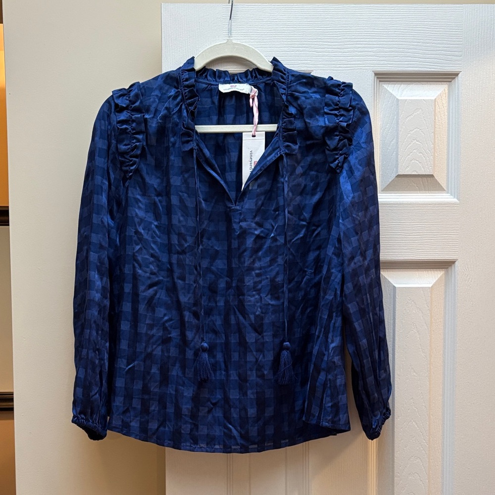 Vineyard Vines Blouse, blue checkered, long sleeves, ruffle Tie Next NWT medium